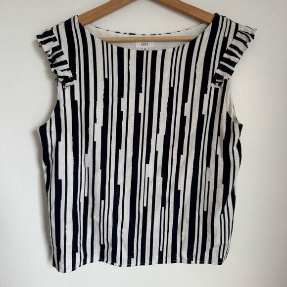 LUCCA Linen Navy Striped Ruffle Shoulder Sleeveless Top Resortwear Minimalist M - Picture 4 of 9
